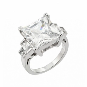Silver 925 Rhodium Plated Large Clear Square CZ Ring - BGR00847