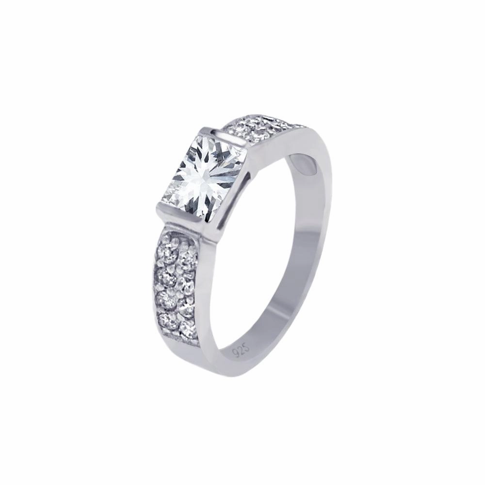 Silver 925 Rhodium Plated Lavender Rectangular Center Pave CZ Ring - AAR0002LAV