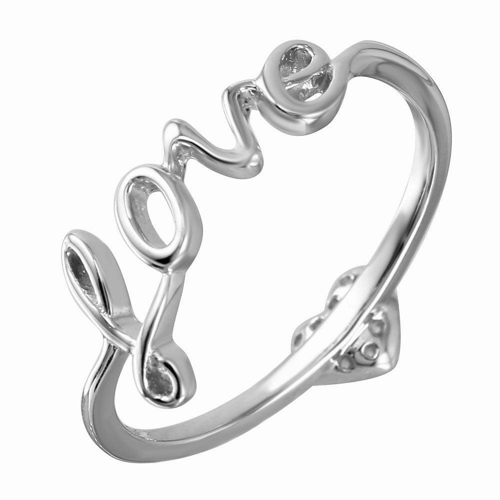 Silver 925 Rhodium Plated LOVE With Heart CZ Ring - GMR00071