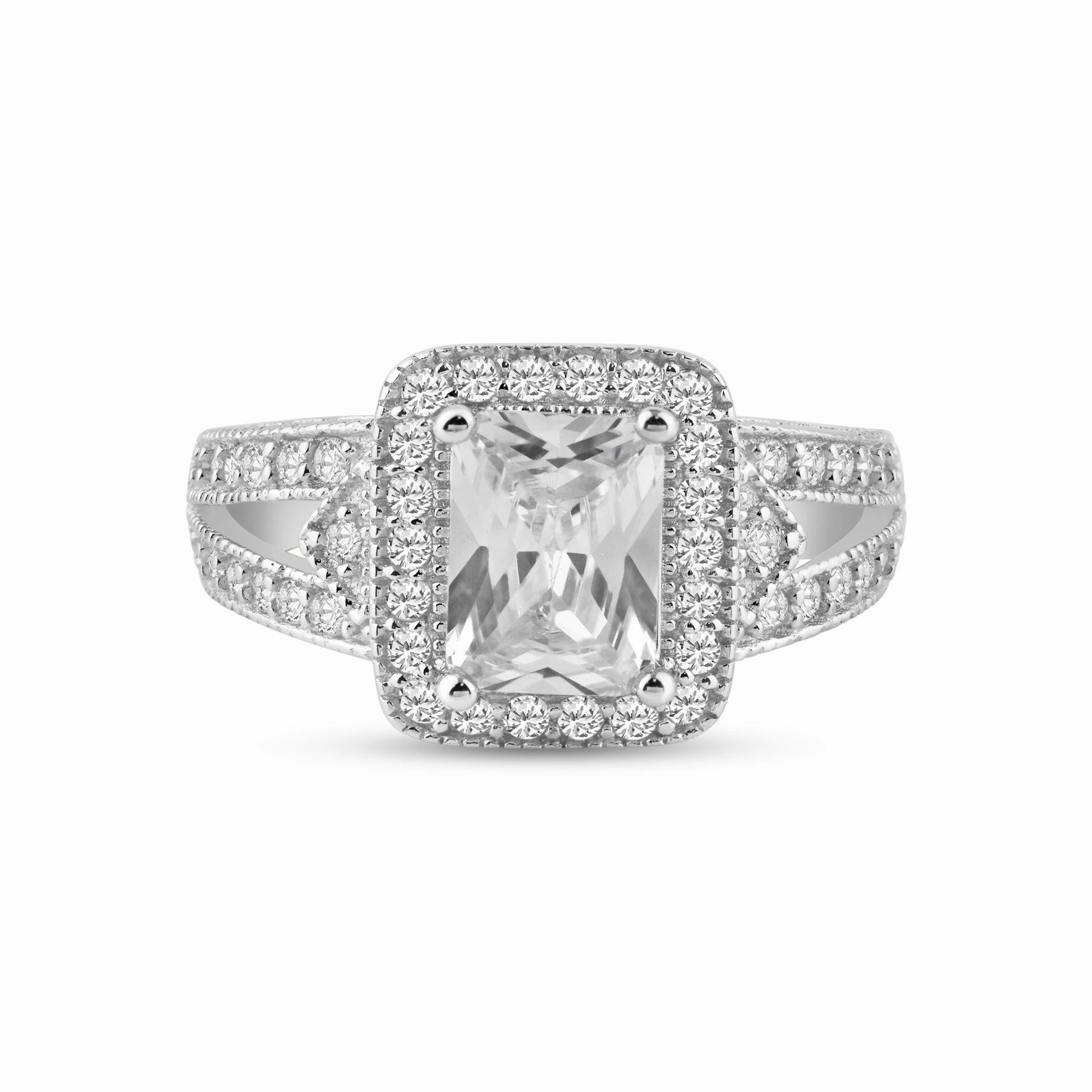 Silver 925 Rhodium Plated Micro Pave Clear Cluster CZ Square Ring - ACR00006