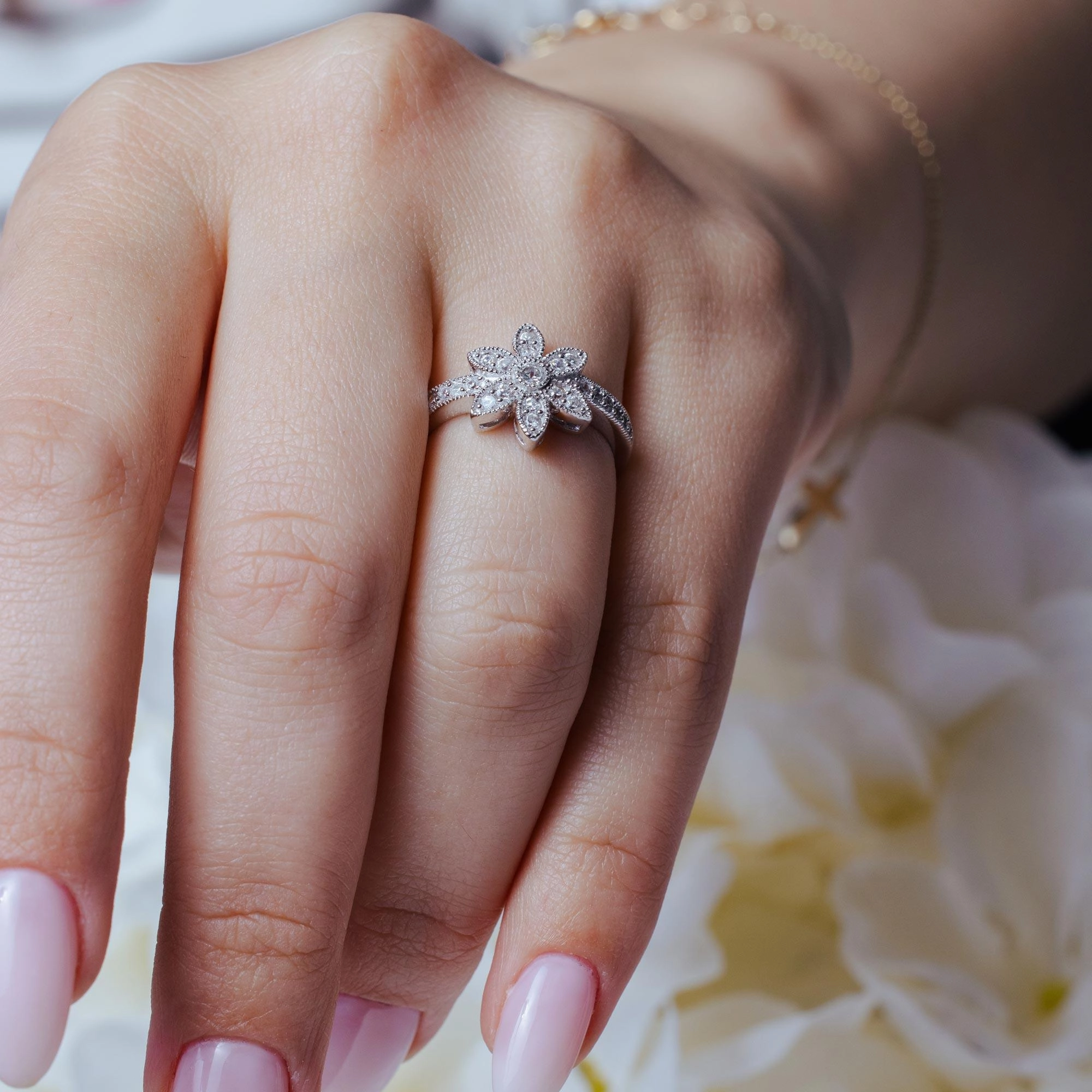 Silver 925 Rhodium Plated Micro Pave CZ Flower Ring - ACR00018
