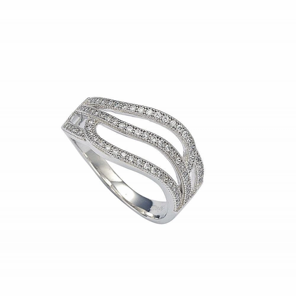 Silver 925 Rhodium Plated Micro Pave Set Clear CZ Wave Ring - GMR00008
