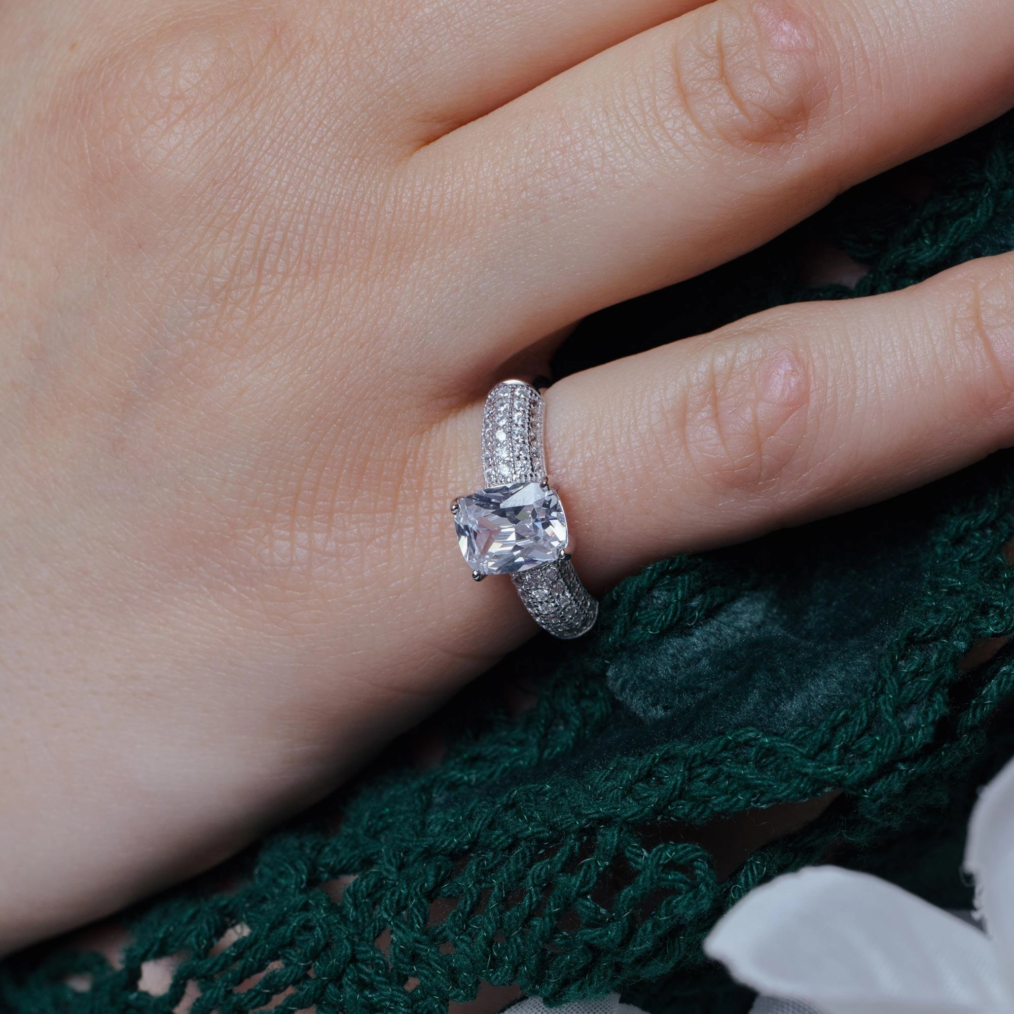 Silver 925 Rhodium Plated Micro Pave Square Center CZ Ring - ACR00034