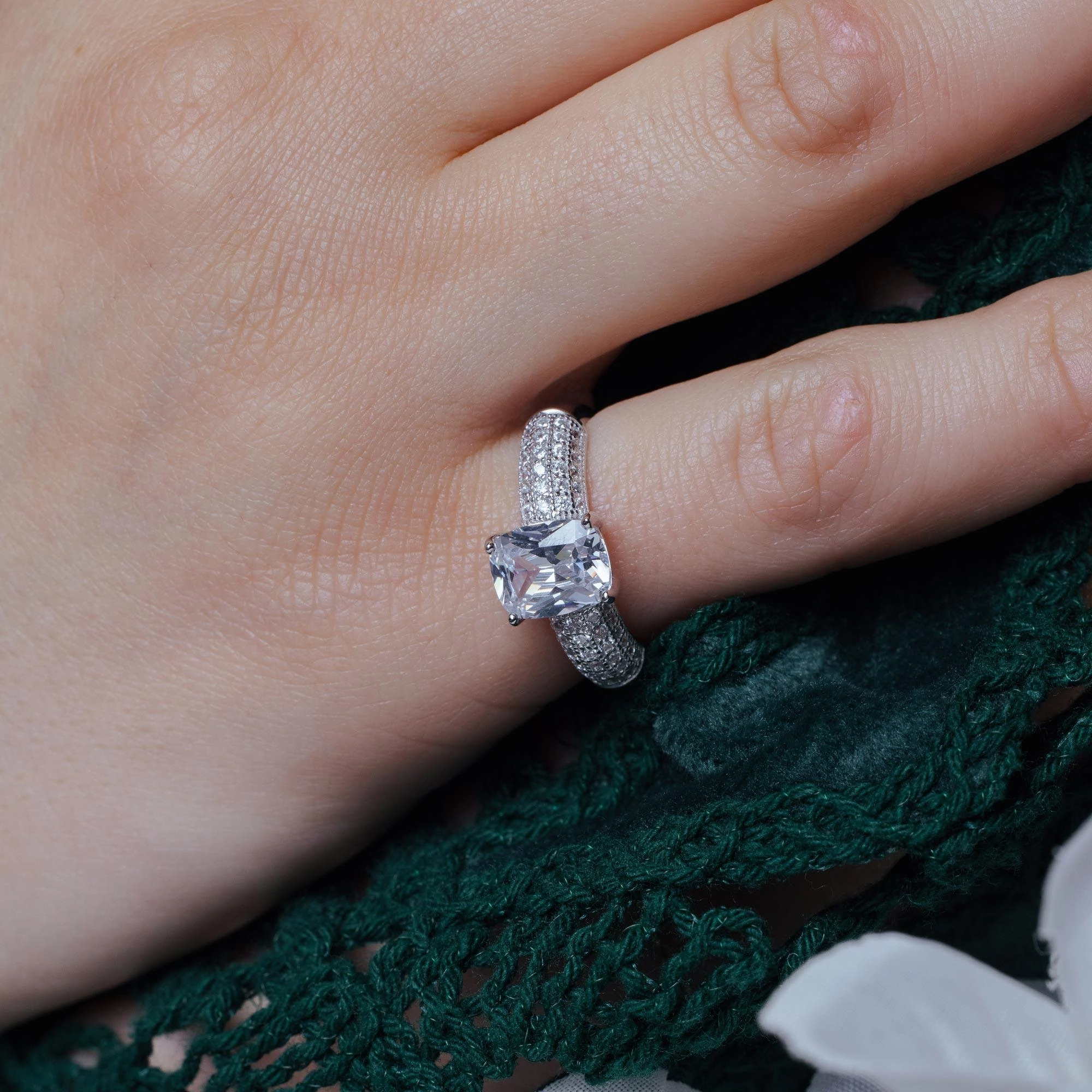 Silver 925 Rhodium Plated Micro Pave Square Center CZ Ring - ACR00034