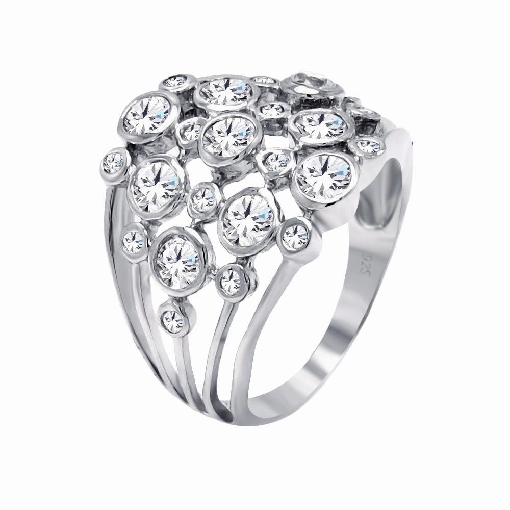 Silver 925 Rhodium Plated Multi Shaped Clear CZ Cigar Band Ring - BGR00383