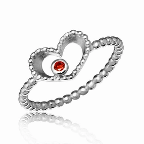 Silver 925 Rhodium Plated Open Heart Ring with Red CZ - STR01055