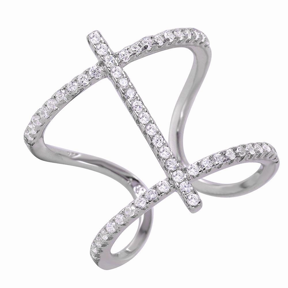 Silver 925 Rhodium Plated Open Pringle Hyperbolic Paraboloid and Perpendicular Stick Ring - BGR00967