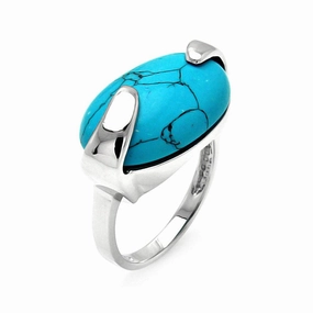 Silver 925 Rhodium Plated Oval Turquoise Ring - BGR00541