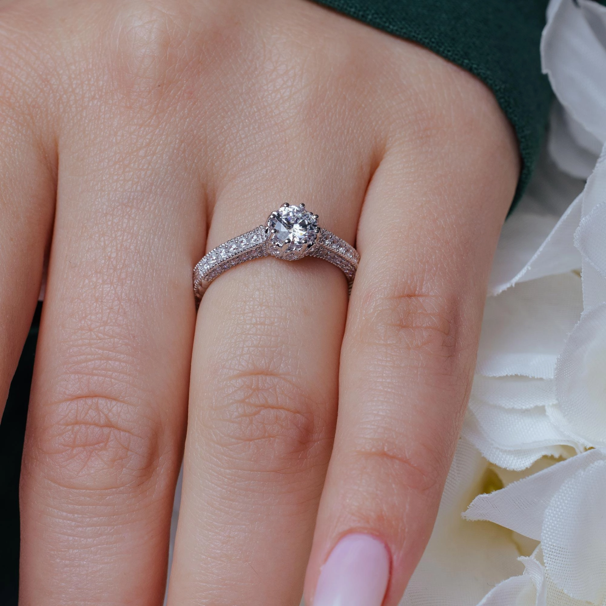 Silver 925 Rhodium Plated Pave Round Center CZ Ring - ACR00026