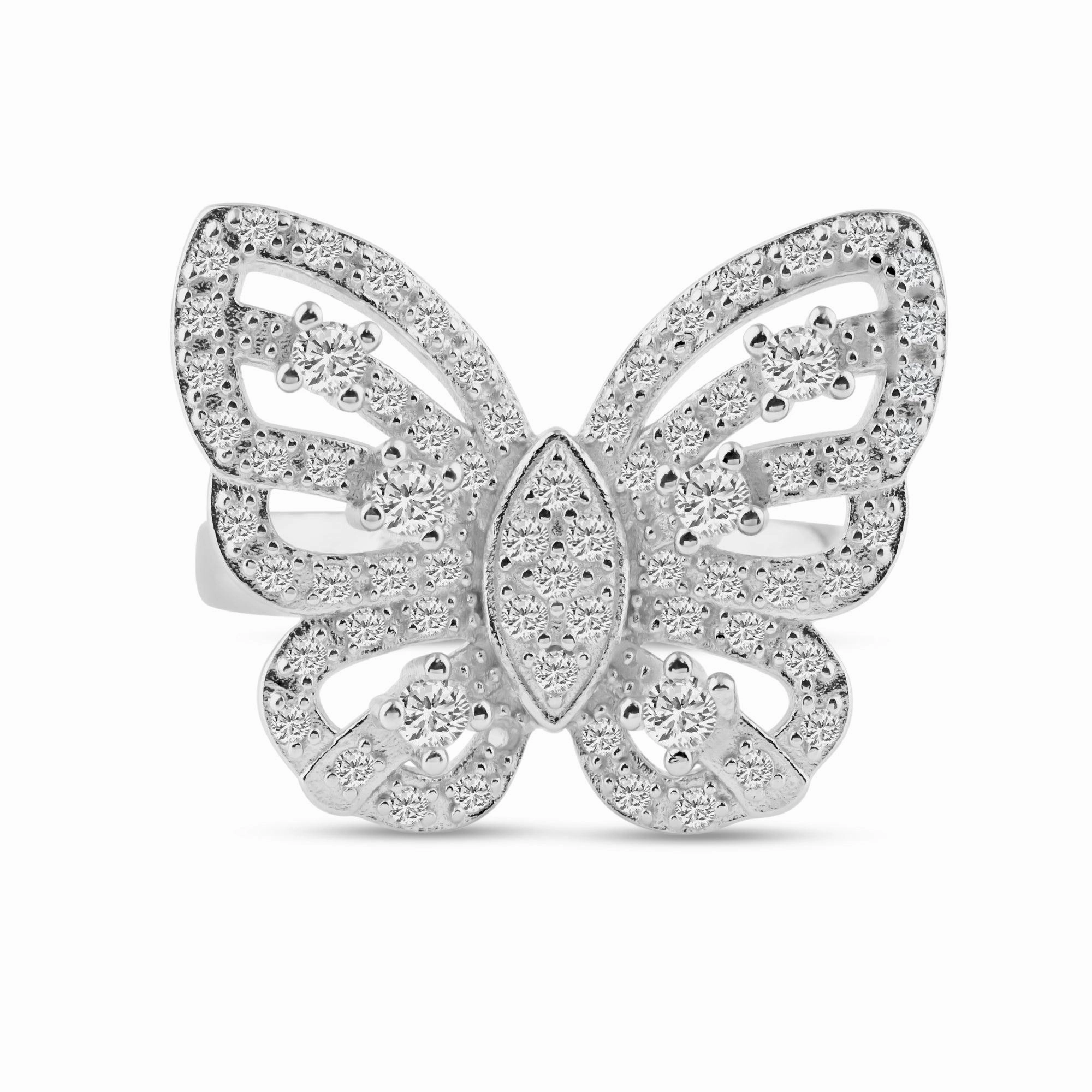 Silver 925 Rhodium Plated Pave Set CZ Butterfly Ring - STR00451