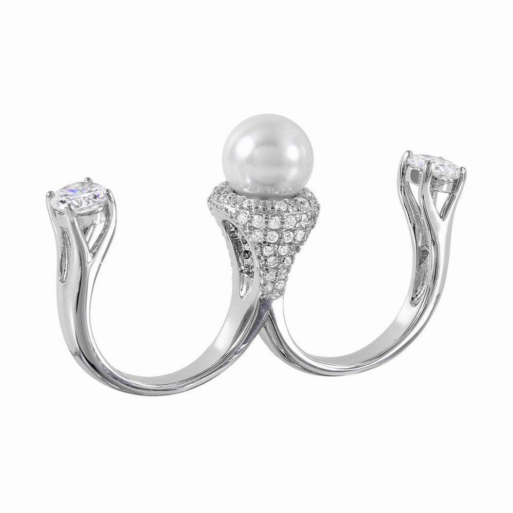 Silver 925 Rhodium Plated Pearl Two Finger Open Ring with CZ Accents - BGR00980