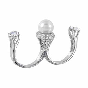 Silver 925 Rhodium Plated Pearl Two Finger Open Ring with CZ Accents - BGR00980