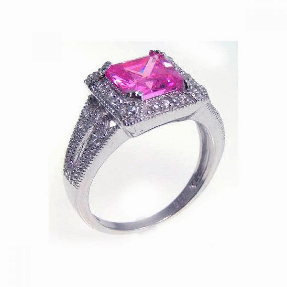 Silver 925 Rhodium Plated Princess Cut Pink and Clear Cluster CZ Ring - STR00534