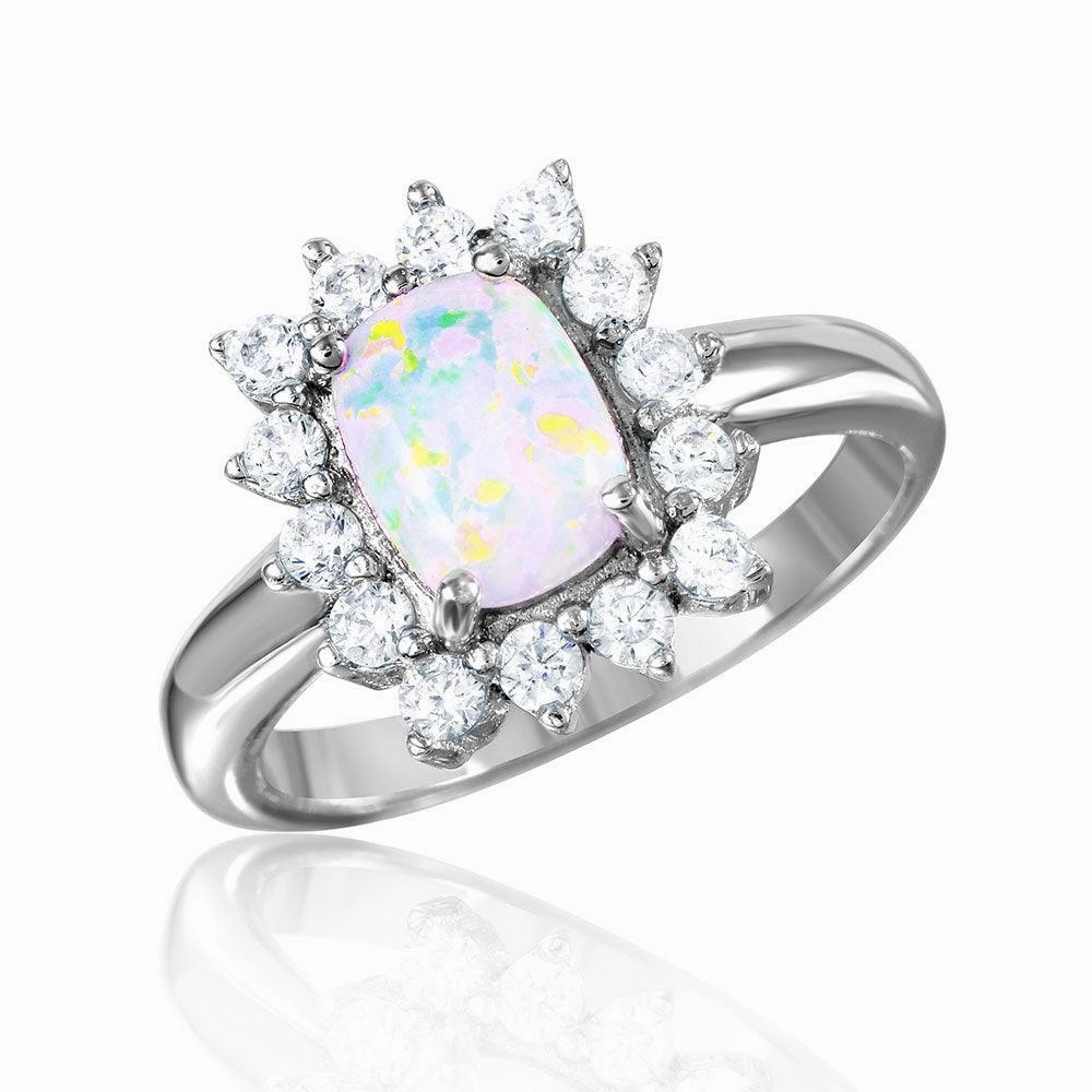 Silver 925 Rhodium Plated Rectangle Halo Ring with Synthetic Opal Center - BGR01030
