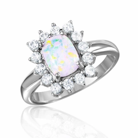 Silver 925 Rhodium Plated Rectangle Halo Ring with Synthetic Opal Center - BGR01030