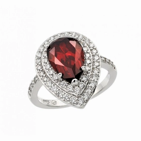 Silver 925 Rhodium Plated Red Center and Clear Cluster CZ Teardrop Ring - BGR00887RED