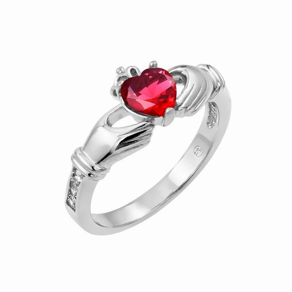 Silver 925 Rhodium Plated Red Heart CZ Claddagh Ring - BGR00491RED