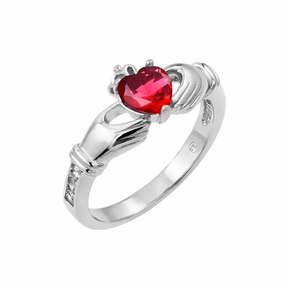 Silver 925 Rhodium Plated Red Heart CZ Claddagh Ring - BGR00491RED