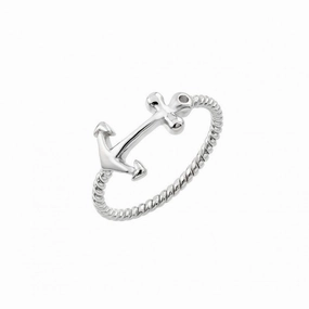 Silver 925 Rhodium Plated Round Clear CZ Anchor Rope Ring - STR01002