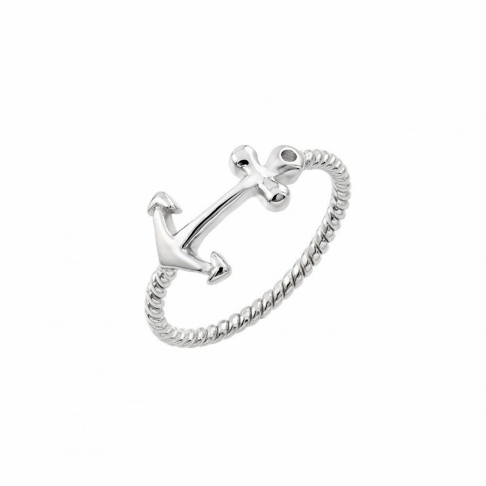 Silver 925 Rhodium Plated Round Clear CZ Anchor Rope Ring - STR01002