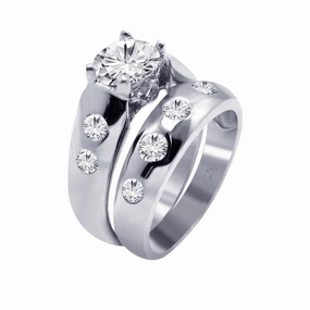 Silver 925 Rhodium Plated Round Clear CZ Engagement Ring Set - AAR0077