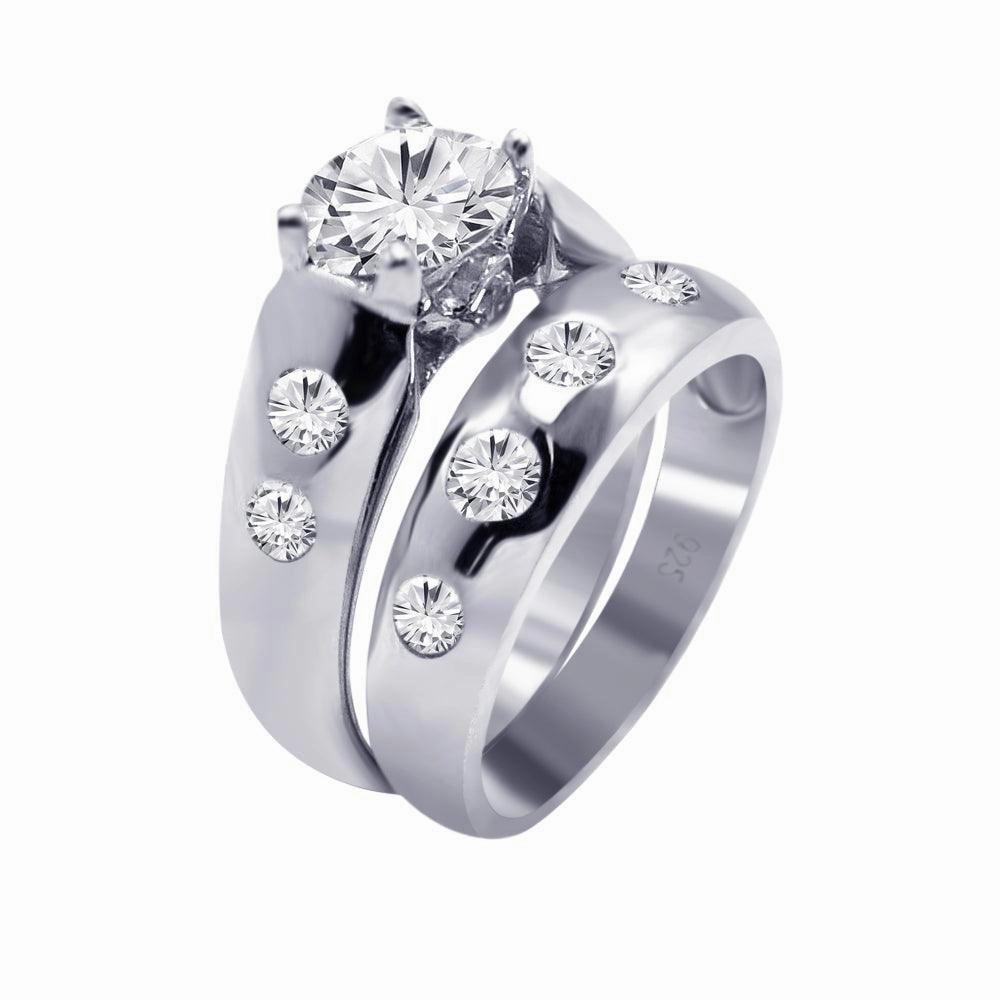 Silver 925 Rhodium Plated Round Clear CZ Engagement Ring Set - AAR0077