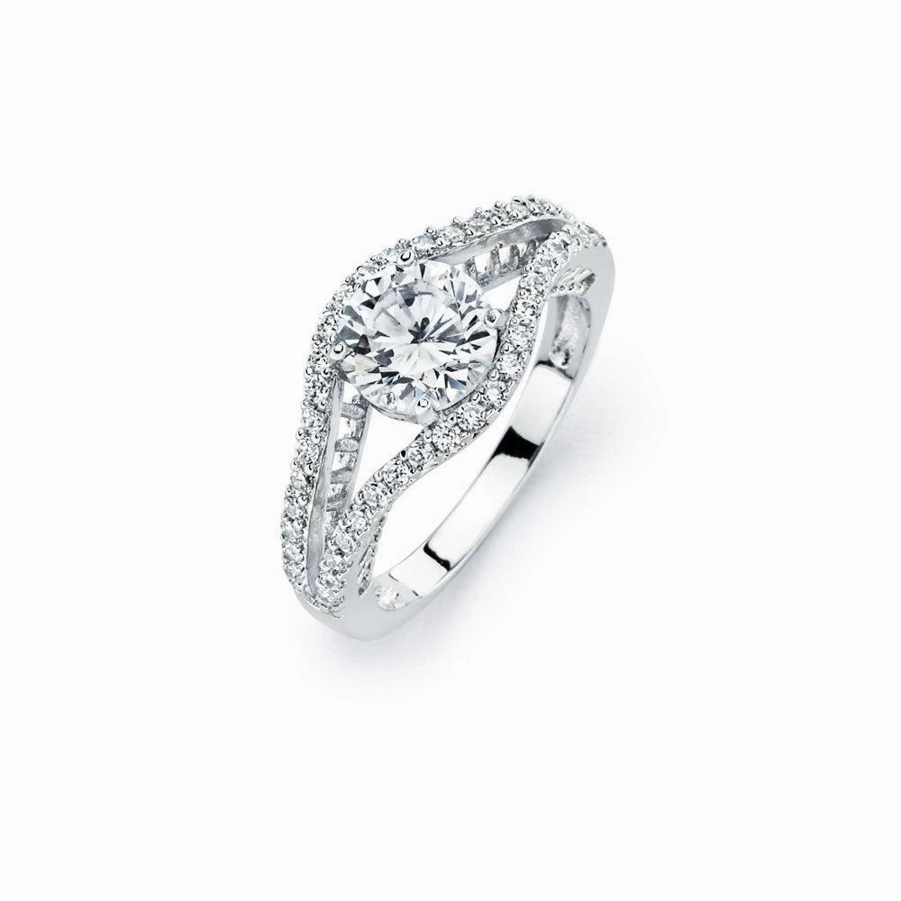 Silver 925 Rhodium Plated Round Clear Pave Set CZ Bridal Ring - BGR00447