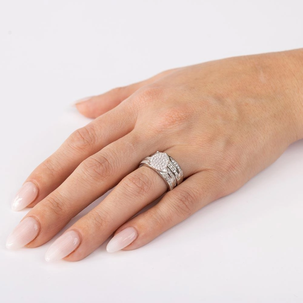 Silver 925 Rhodium Plated Round Pave Center Trio Bridal Ring - GMR00162