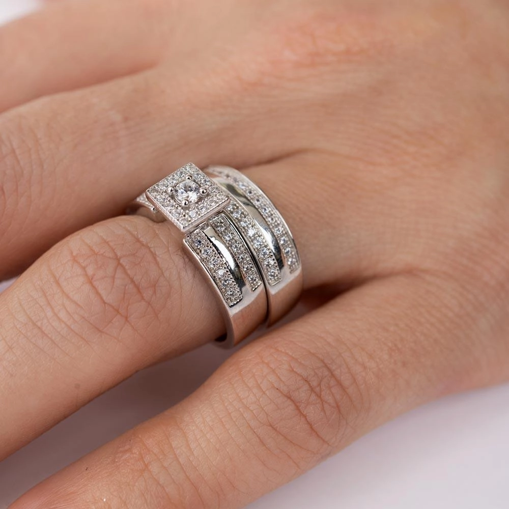 Silver 925 Rhodium Plated Round Square Center Trio Bridal Ring - GMR00148