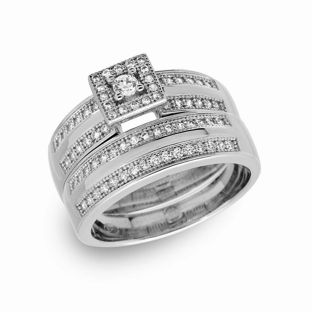 Silver 925 Rhodium Plated Round Square Center Trio Bridal Ring - GMR00148