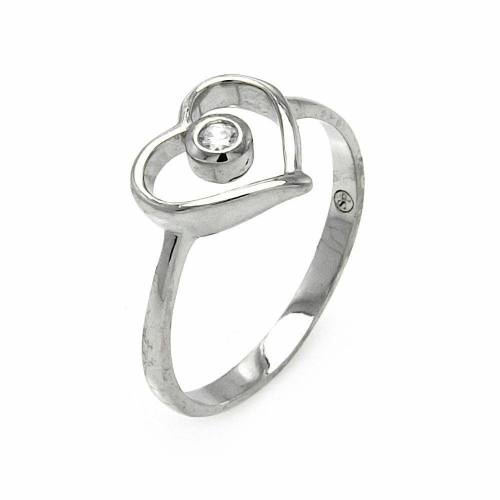 Silver 925 Rhodium Plated Small Round CZ Open Heart Ring - STR00901