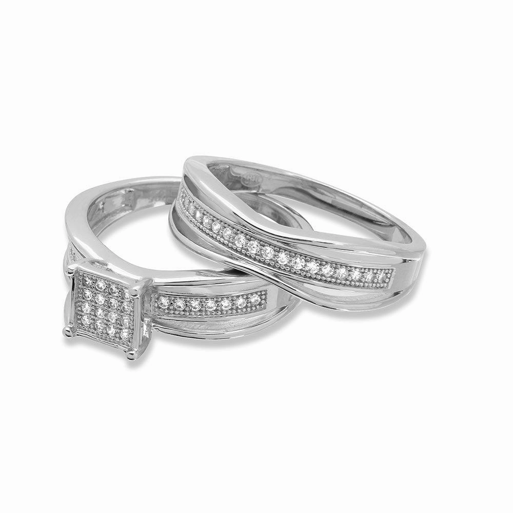 Silver 925 Rhodium Plated Square Center Trio Bridal Ring - GMR00156