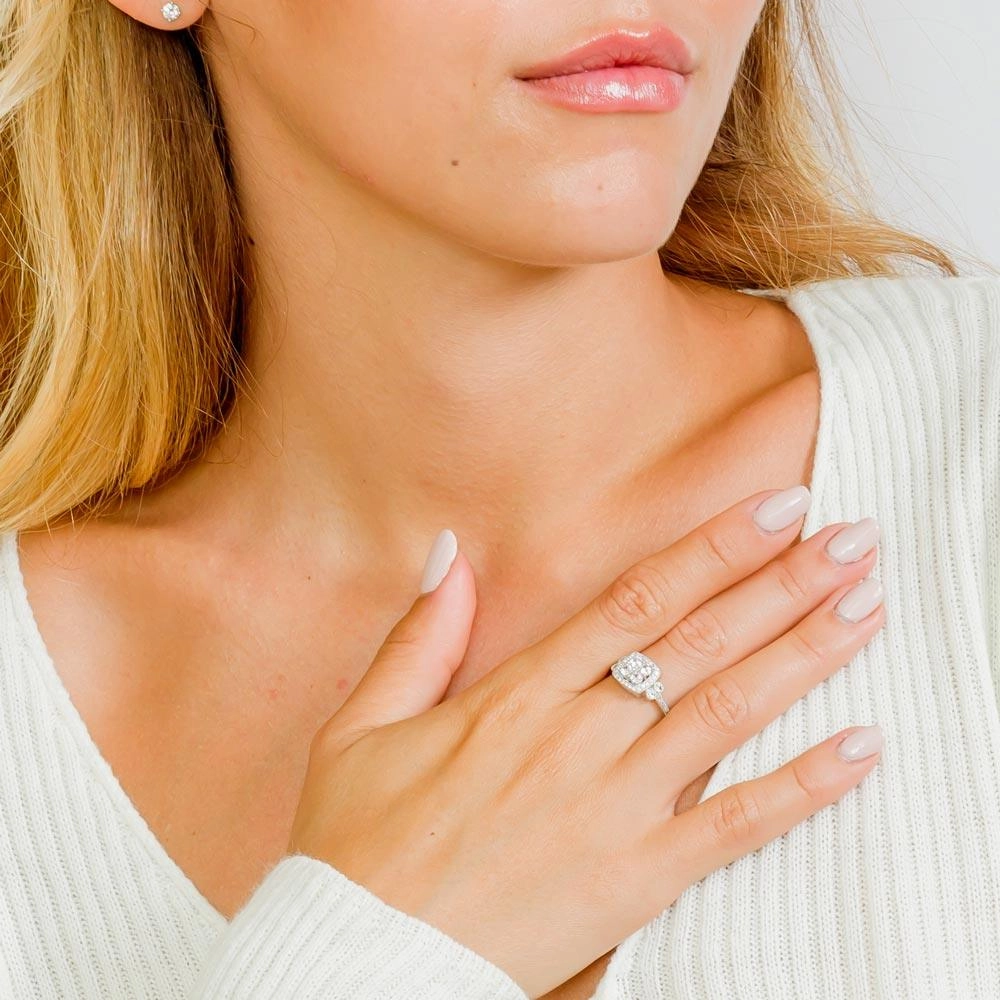 Silver 925 Rhodium Plated Square Halo Ring - GMR00088