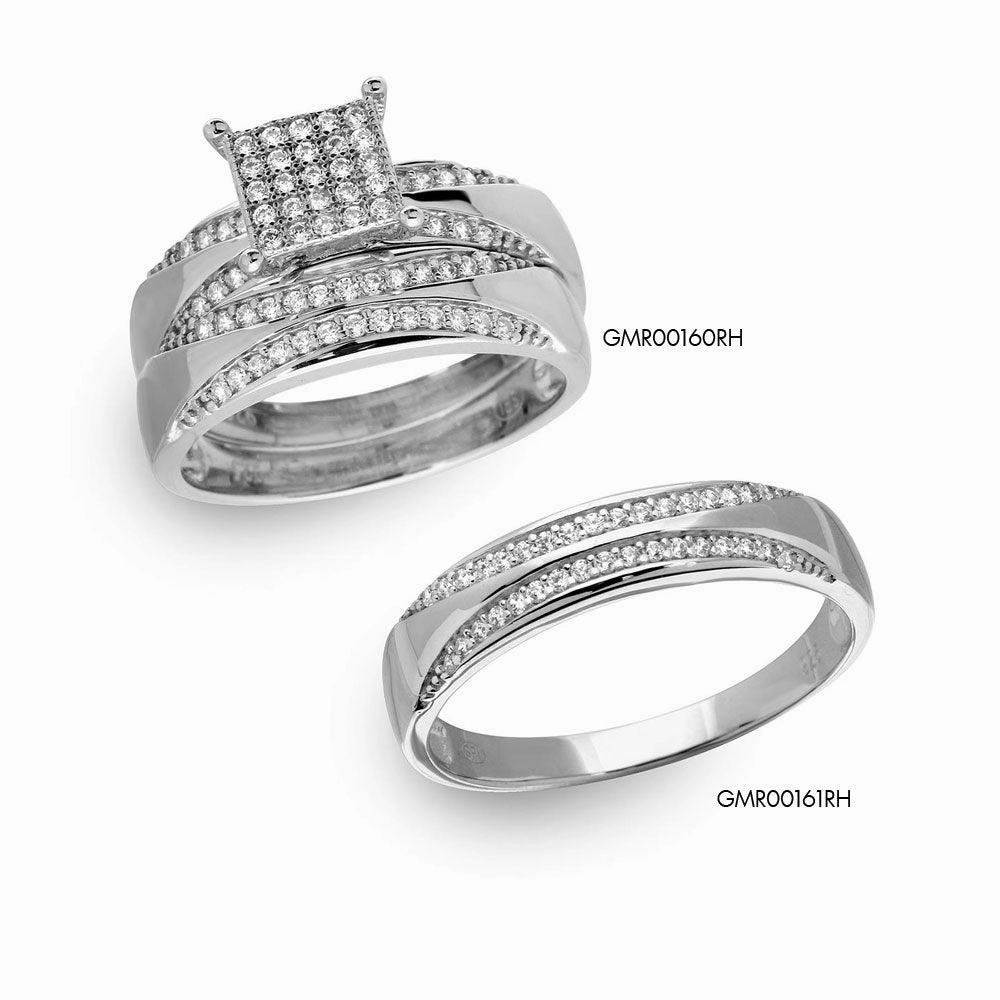 Silver 925 Rhodium Plated Square Pave Center Trio Bridal Ring - GMR00160