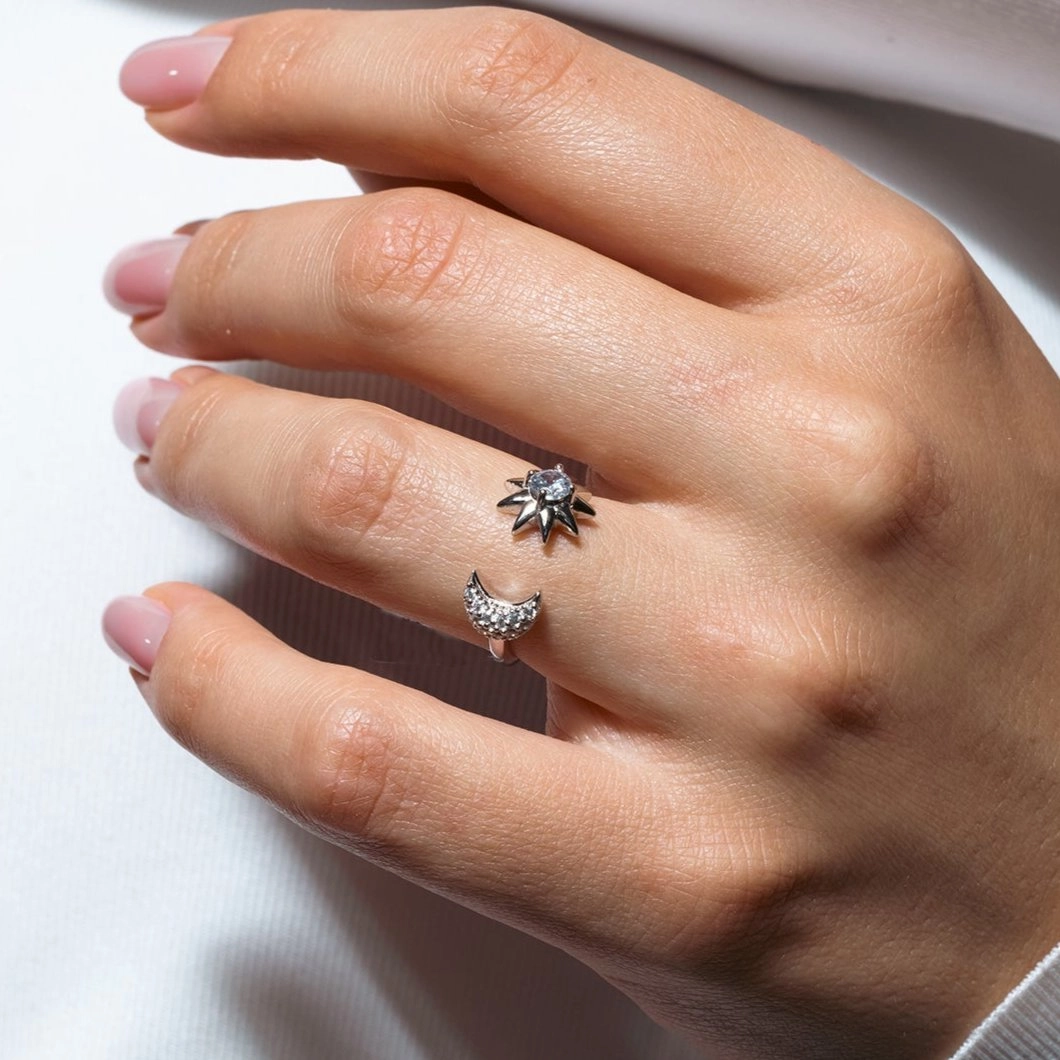 Silver 925 Rhodium Plated Sun and Moon Open Ring with CZ Accents - BGR00986