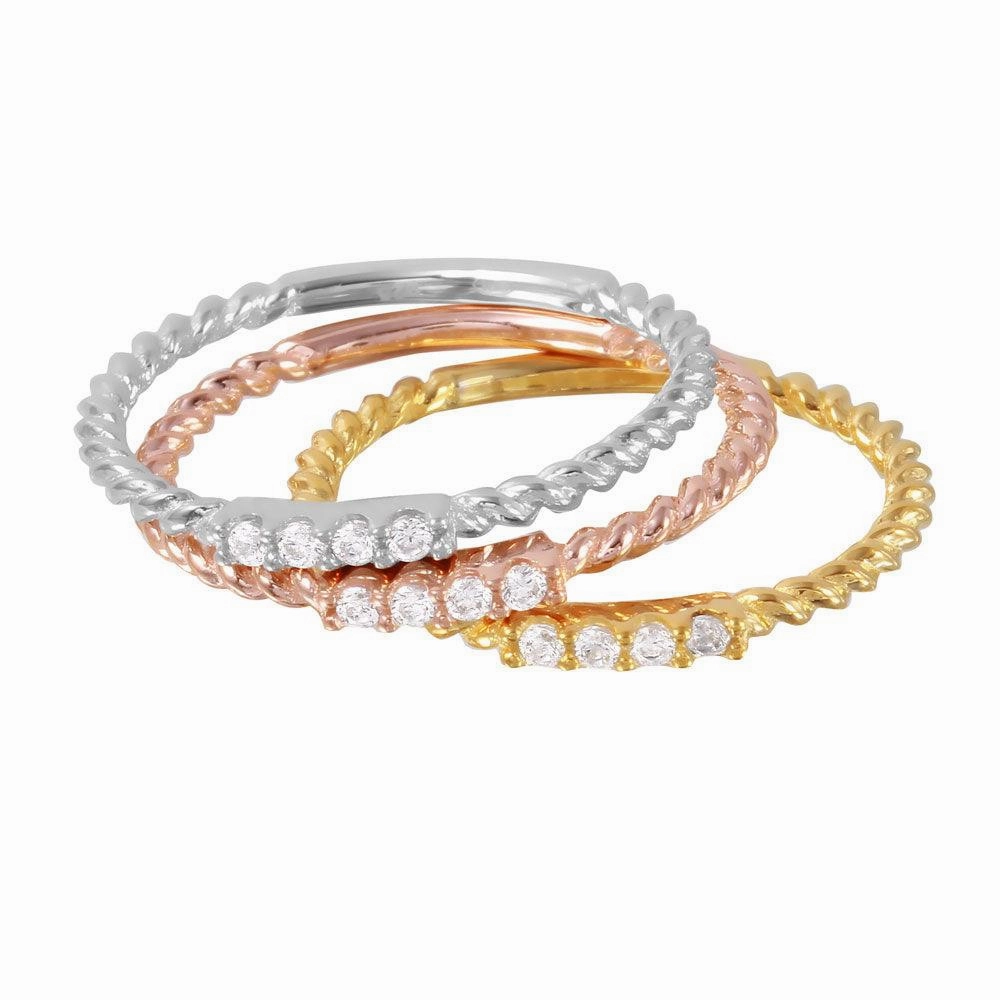 Silver 925 Rhodium Plated Tri-Color Textured Stackable  CZ Inlay Ring - GMR00079TRI