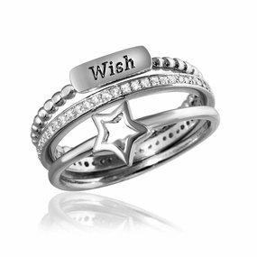 Silver 925 Rhodium Plated Triple Band Wish Star Wedding Ring with CZ - STR01061