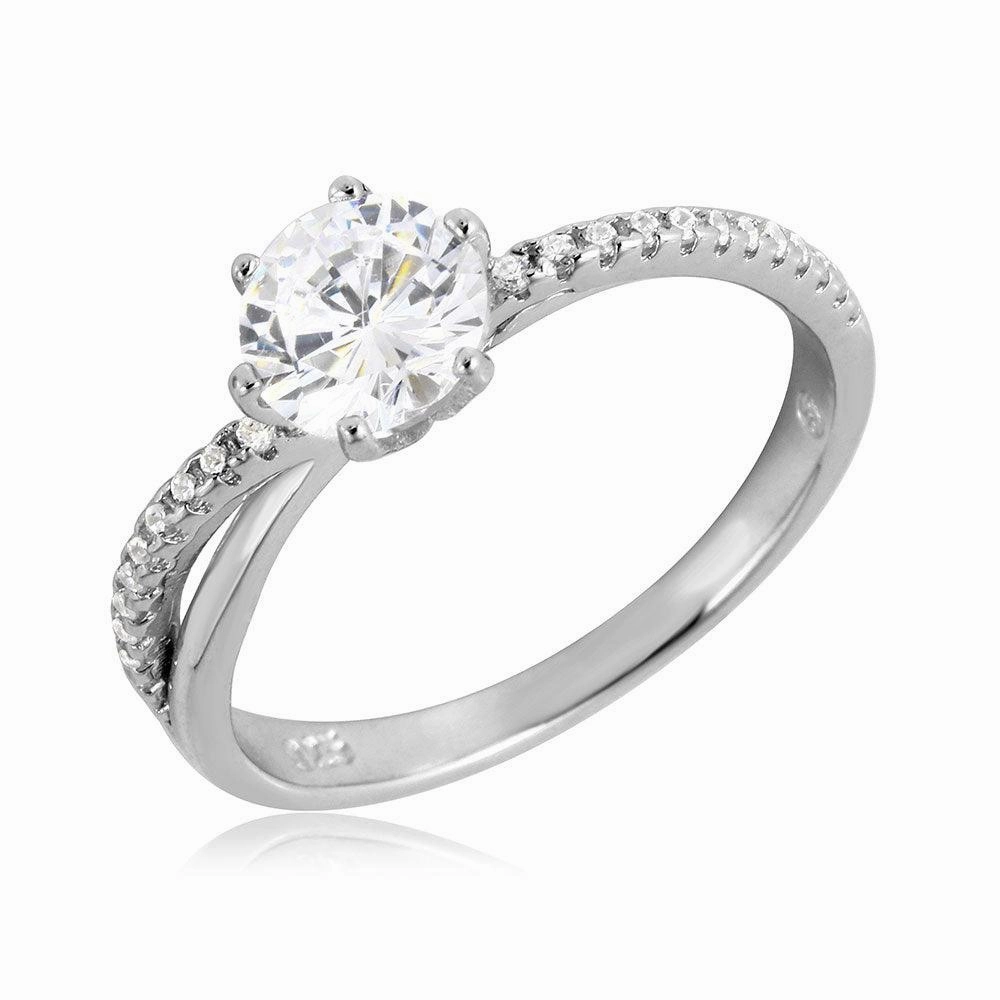 Silver 925 Rhodium Plated Twisted CZ Shank Round Center Stone Ring - BGR01069