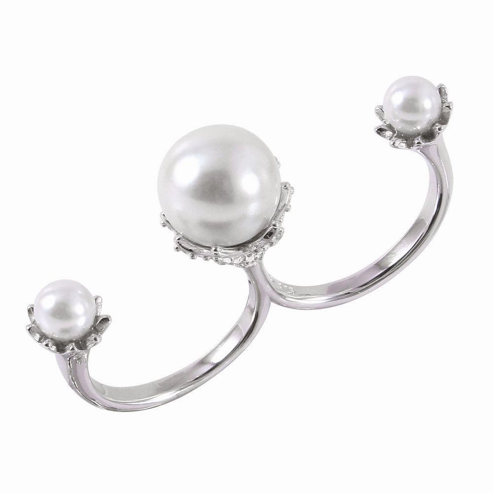 Silver 925 Rhodium Plated Two Finger Open Ring with 3 White Synthetic Pearls - BGR00981