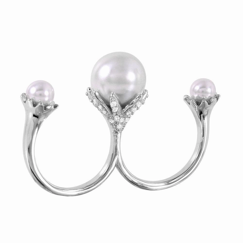 Silver 925 Rhodium Plated Two Finger Open Ring with 3 White Synthetic Pearls - BGR00981