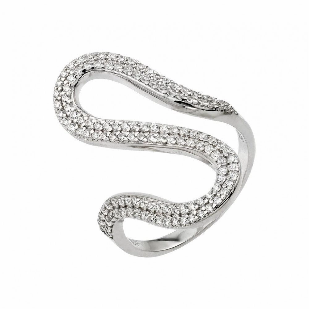 Silver 925 Rhodium Plated Wavy CZ Ring - GMR00030