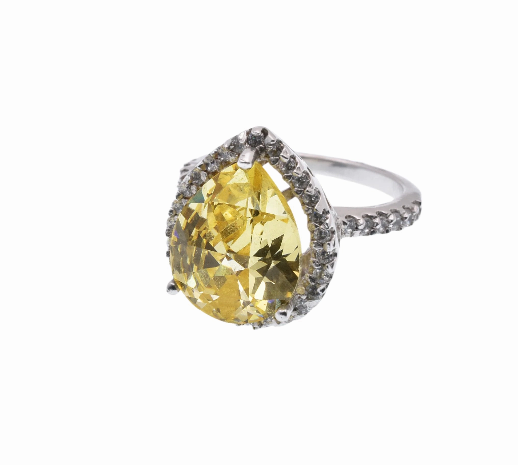 Silver 925 Rhodium Plated Yellow Center Clear Cluster CZ Ring - STR00386YEL