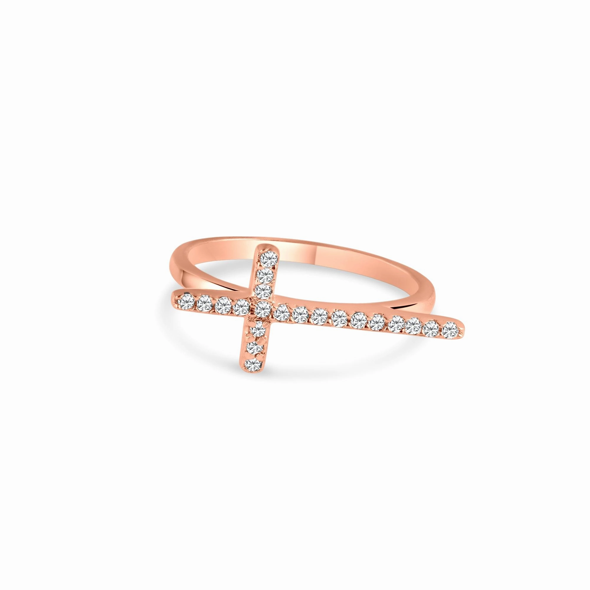 Silver 925 Rose Gold Plated Clear CZ Cross Ring - BGR00810RGP