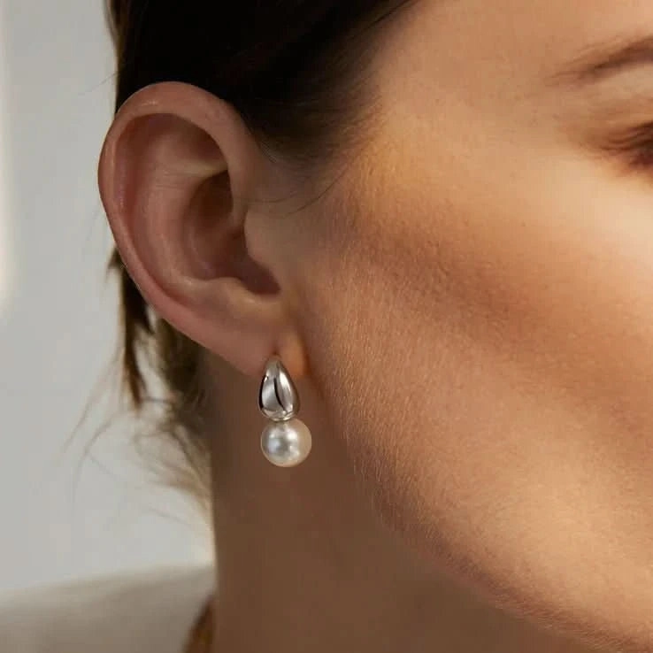 Silver Pearl Dome Hoop Earrings E062-06H