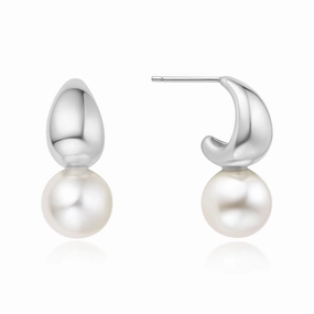 Silver Pearl Dome Hoop Earrings E062-06H
