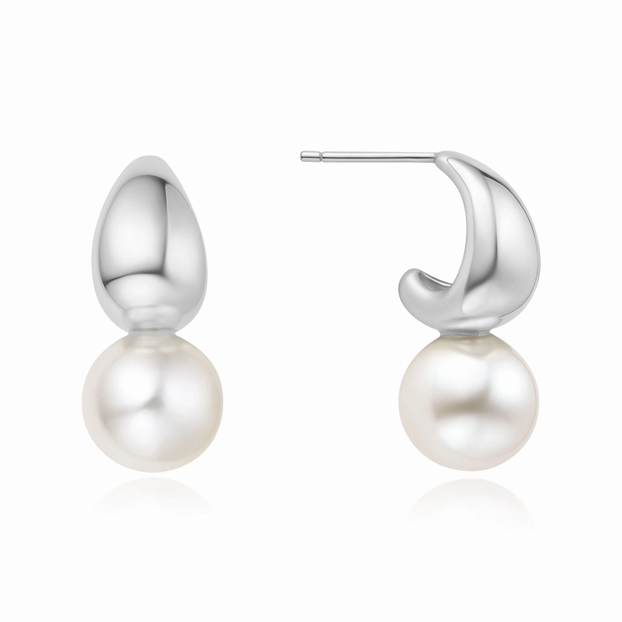 Silver Pearl Dome Hoop Earrings E062-06H
