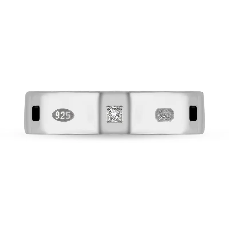 Sterling Silver 0.12ct Diamond Whitby Jet King's Coronation Hallmark Princess Cut 5mm Ring D