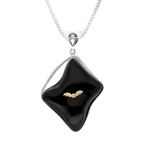Sterling Silver 9ct Yellow Gold Whitby Jet Abstract Oblong Unique Bat Necklace