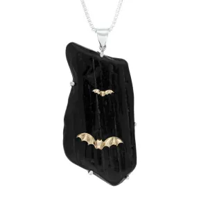 Sterling Silver 9ct Yellow Gold Whitby Jet Rough Oblong Bat Necklace