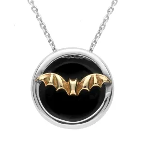 Sterling Silver 9ct Yellow Gold Whitby Jet Round Gothic Bat Necklace